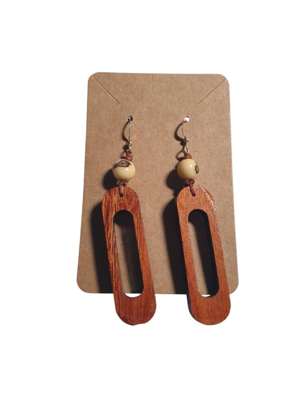 Wood Bead Dangle Hook Earrings Brown Cream Lightweight Handmade Boho Style Gift